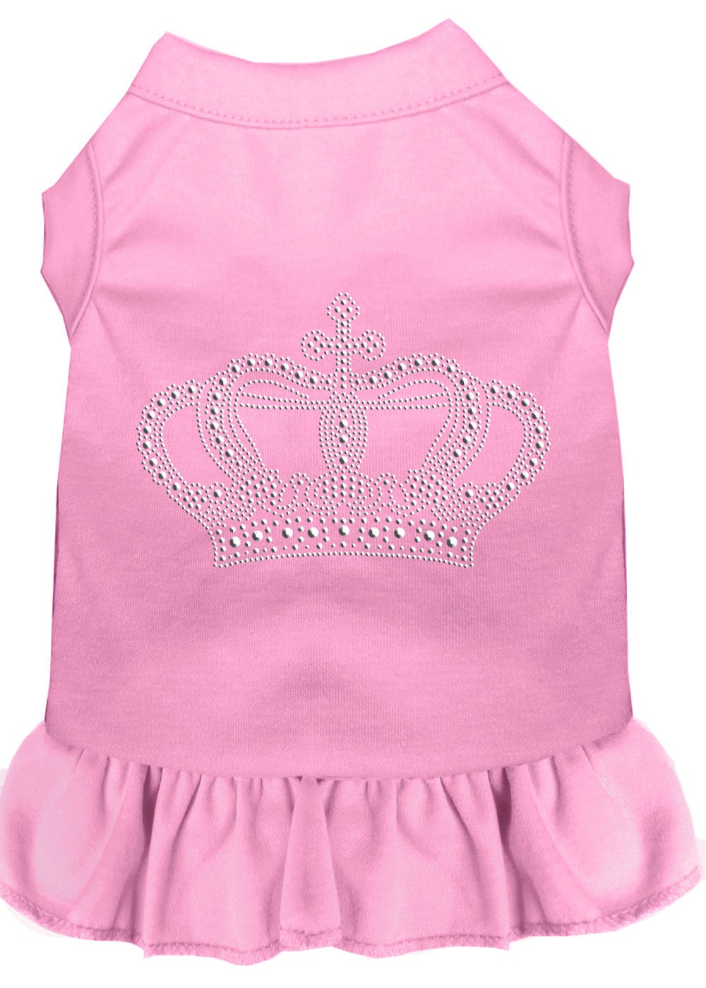 A stylish pet dress featuring rhinestones and a ruffle design, perfect for dogs and cats, showcasing a crown motif.