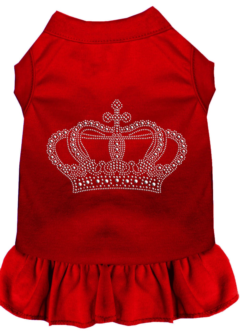 A stylish pet dress featuring rhinestones and a ruffle design, perfect for dogs and cats, showcasing a crown motif.