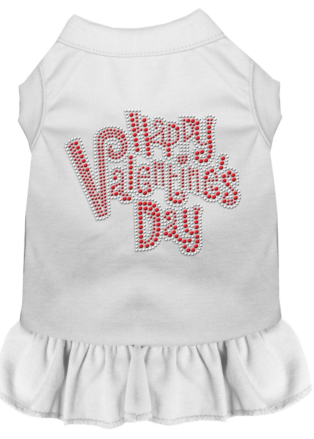 A cute pet dress for dogs and cats featuring rhinestones and a 'Happy Valentines Day' design, perfect for Valentine's celebrations.