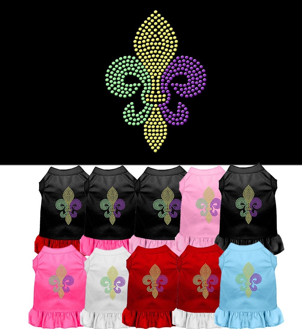 A stylish pet dress featuring a Mardi Gras Fleur De Lis design with rhinestones, suitable for both dogs and cats.