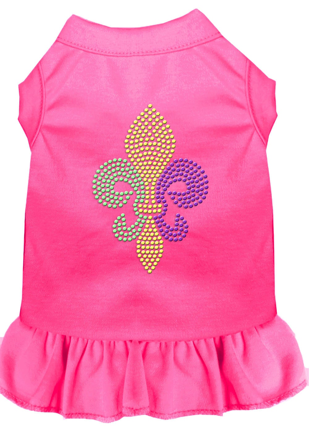 A stylish pet dress featuring a Mardi Gras Fleur De Lis design with rhinestones, suitable for both dogs and cats.