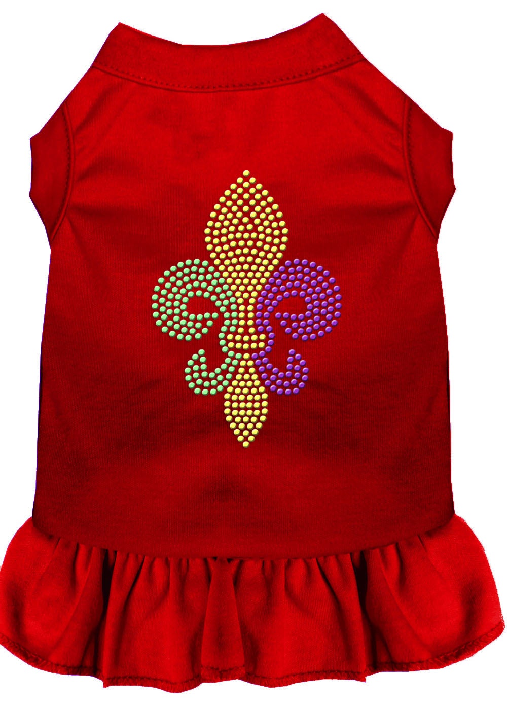 A stylish pet dress featuring a Mardi Gras Fleur De Lis design with rhinestones, suitable for both dogs and cats.