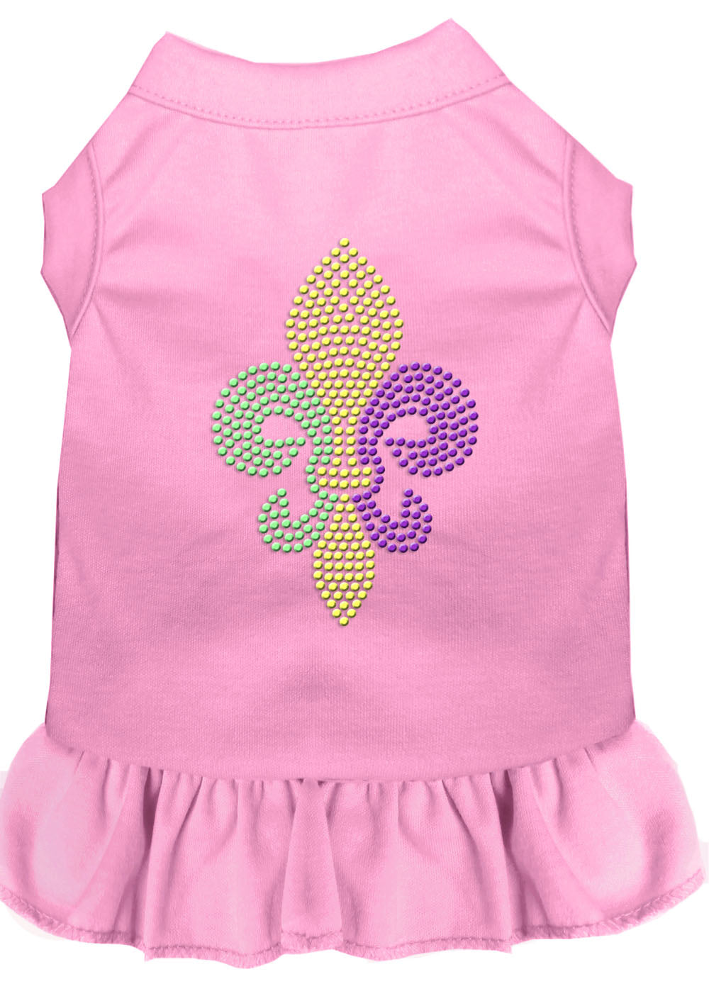 A stylish pet dress featuring a Mardi Gras Fleur De Lis design with rhinestones, suitable for both dogs and cats.