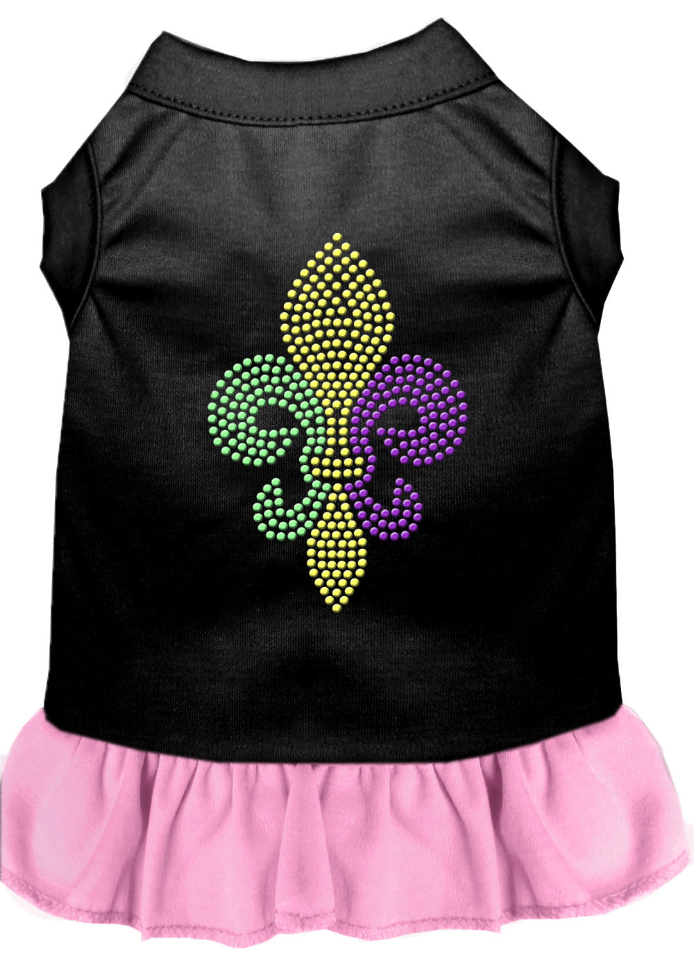 A stylish pet dress featuring a Mardi Gras Fleur De Lis design with rhinestones, suitable for both dogs and cats.