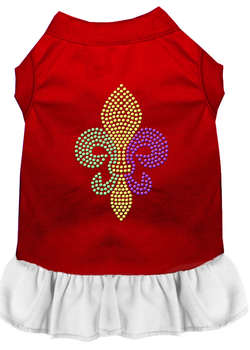 A stylish pet dress featuring a Mardi Gras Fleur De Lis design with rhinestones, suitable for both dogs and cats.