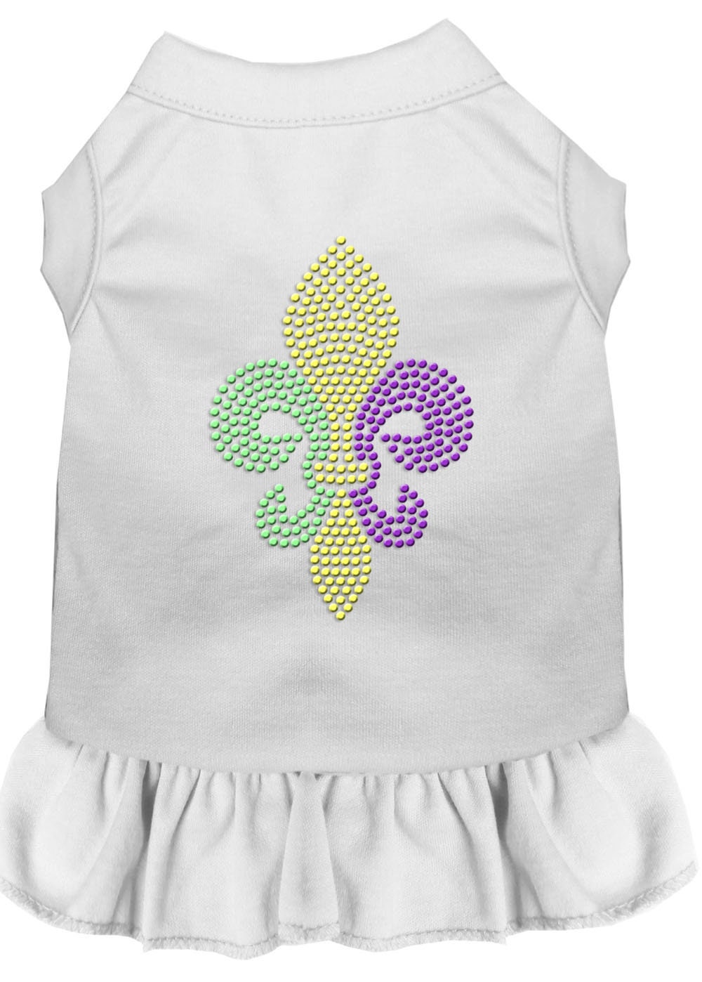 A stylish pet dress featuring a Mardi Gras Fleur De Lis design with rhinestones, suitable for both dogs and cats.