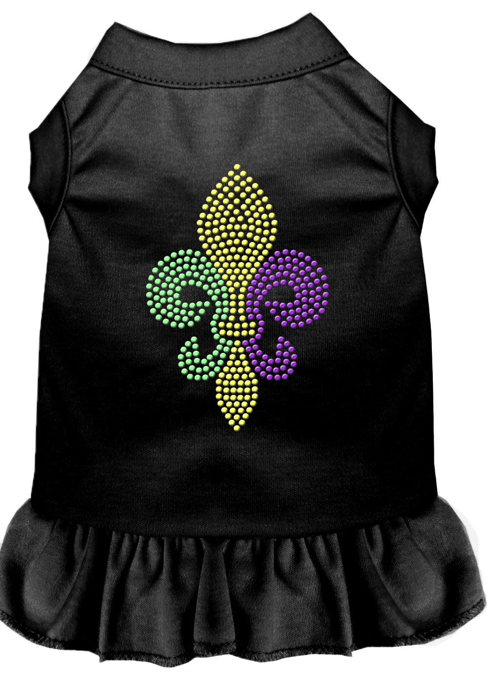 A stylish pet dress featuring a Mardi Gras Fleur De Lis design with rhinestones, suitable for both dogs and cats.