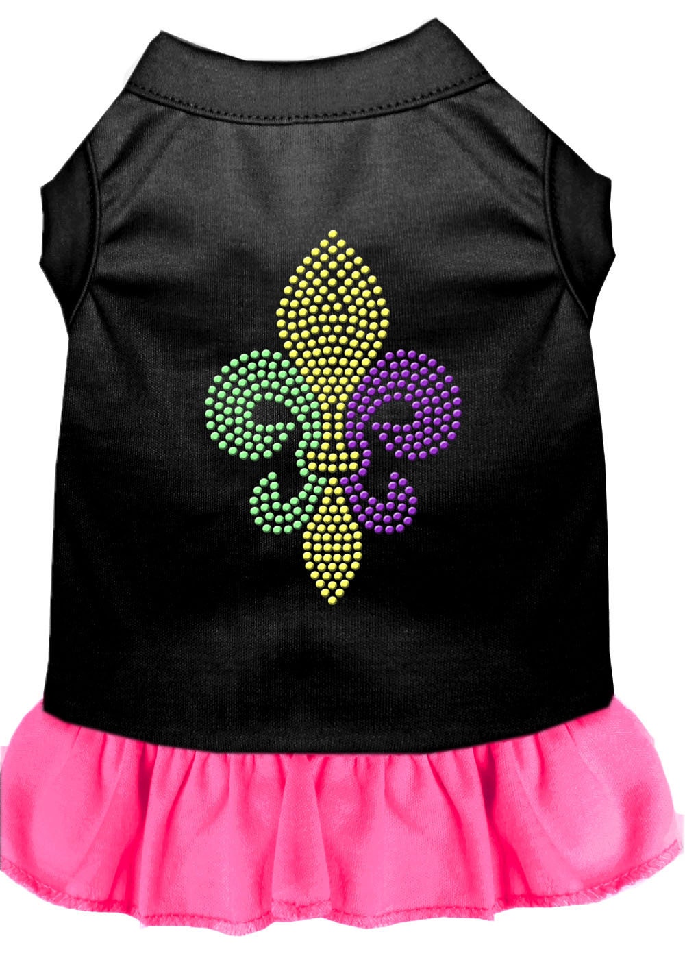 A stylish pet dress featuring a Mardi Gras Fleur De Lis design with rhinestones, suitable for both dogs and cats.