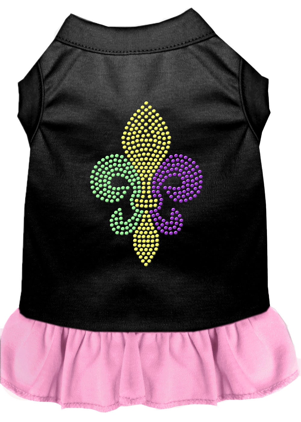 A stylish pet dress featuring a Mardi Gras Fleur De Lis design with rhinestones, suitable for both dogs and cats.
