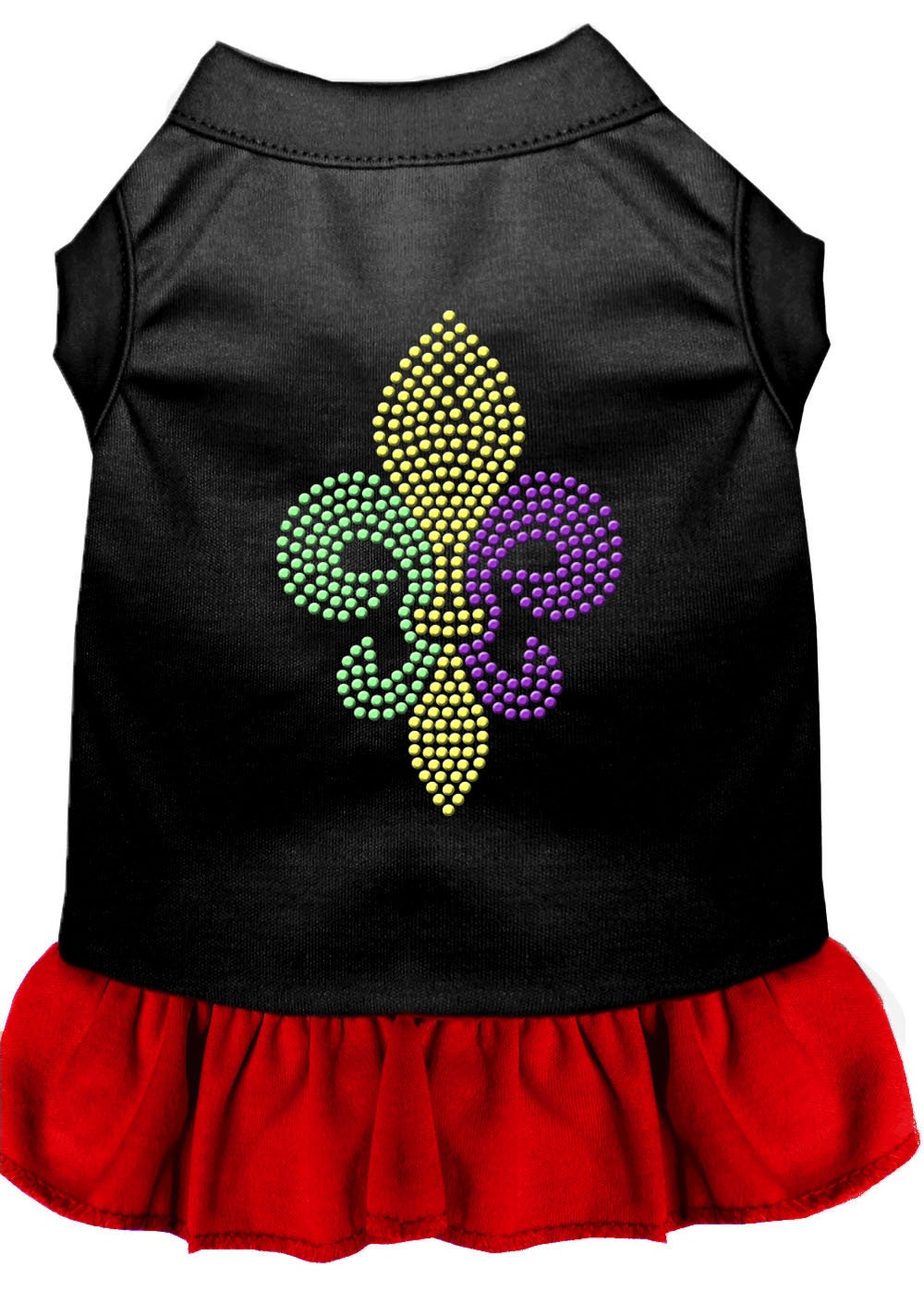A stylish pet dress featuring a Mardi Gras Fleur De Lis design with rhinestones, suitable for both dogs and cats.
