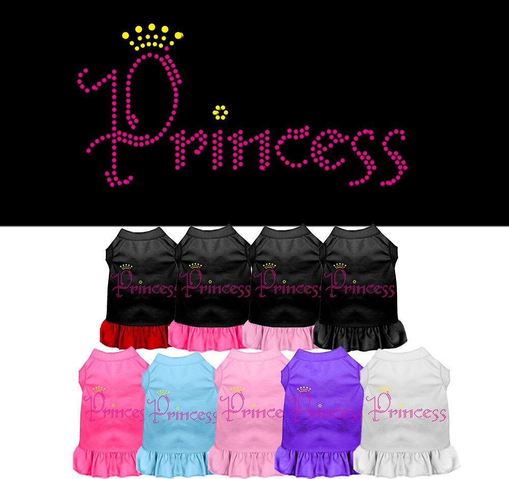 A stylish pet dress featuring rhinestones, designed for dogs and cats, showcasing a princess theme with a soft fabric blend.