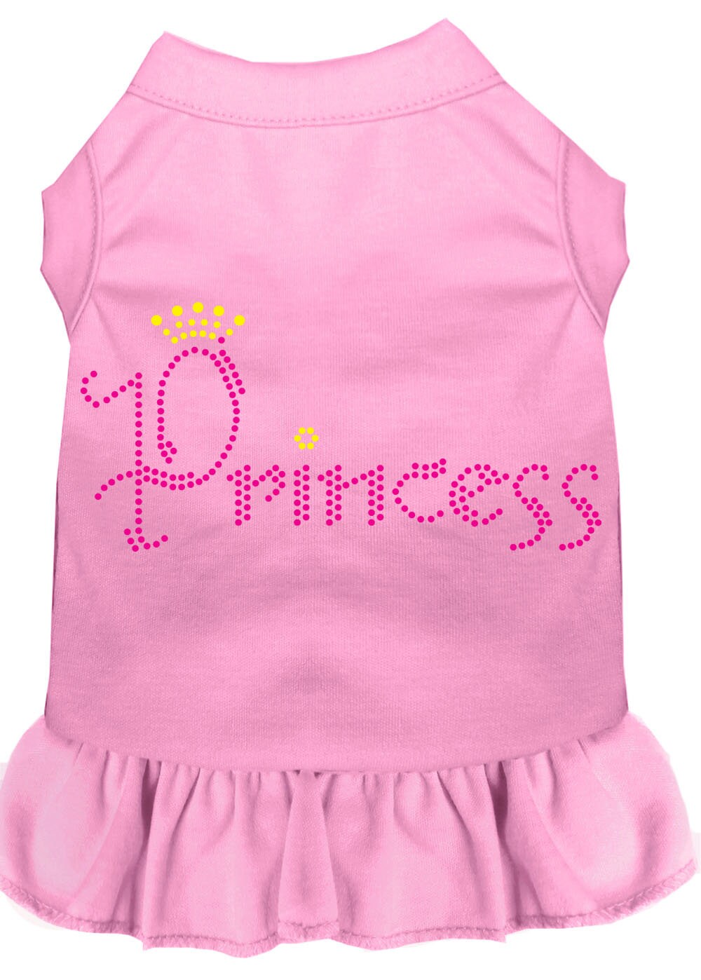 A stylish pet dress featuring rhinestones, designed for dogs and cats, showcasing a princess theme with a soft fabric blend.