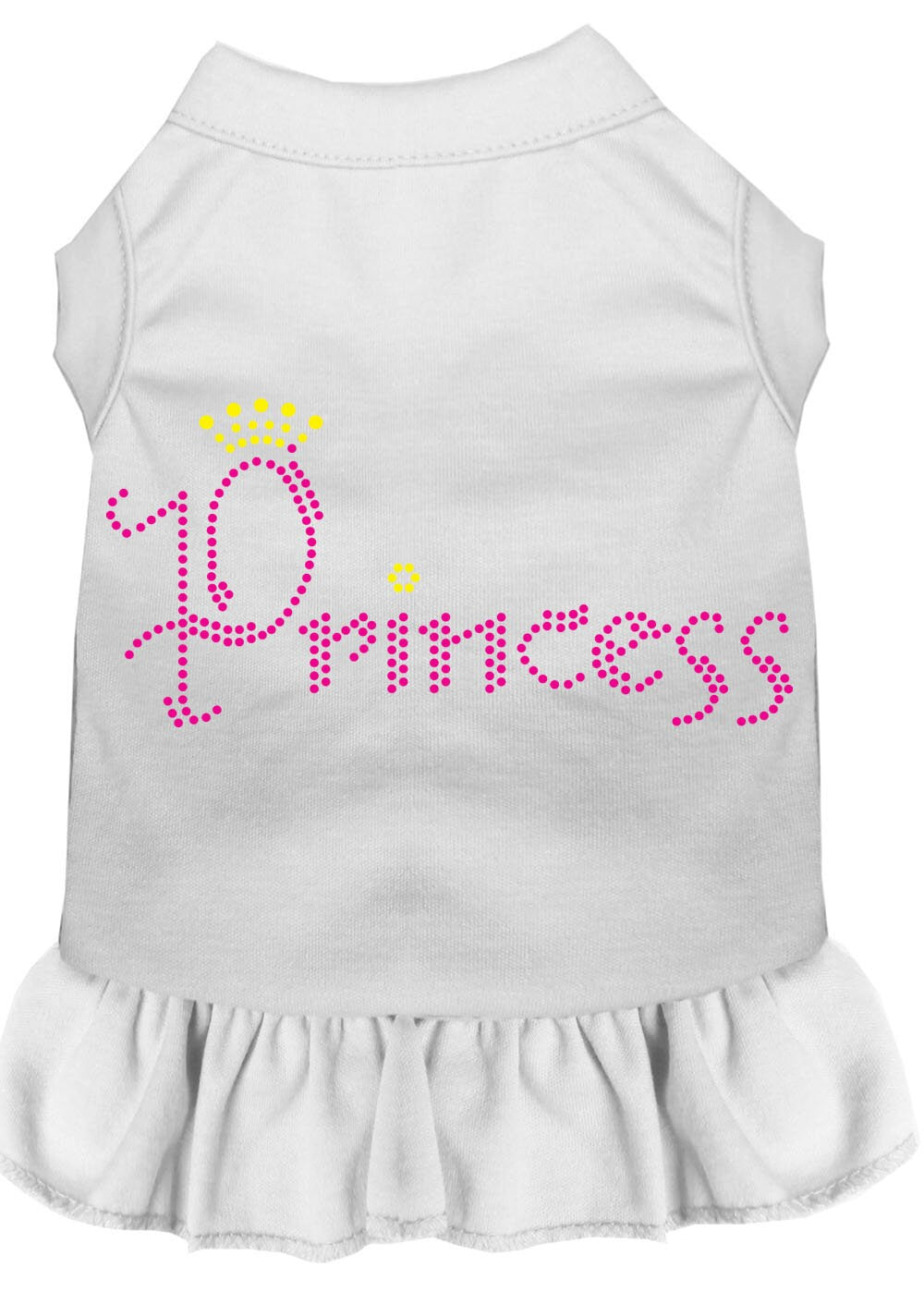 A stylish pet dress featuring rhinestones, designed for dogs and cats, showcasing a princess theme with a soft fabric blend.