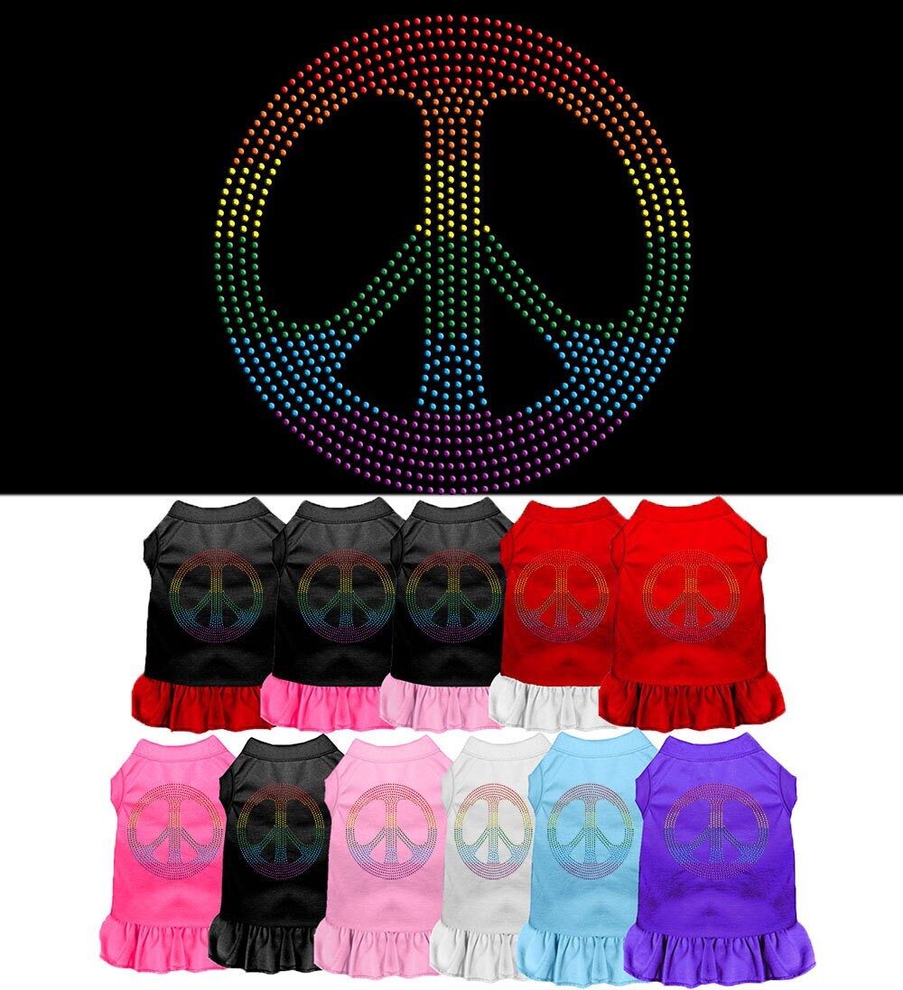 A colorful pet dress featuring rhinestones and a ruffle, designed for dogs and cats, showcasing the 'Rainbow Peace' theme.