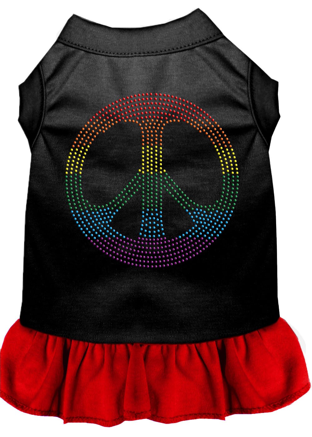 A colorful pet dress featuring rhinestones and a ruffle, designed for dogs and cats, showcasing the 'Rainbow Peace' theme.
