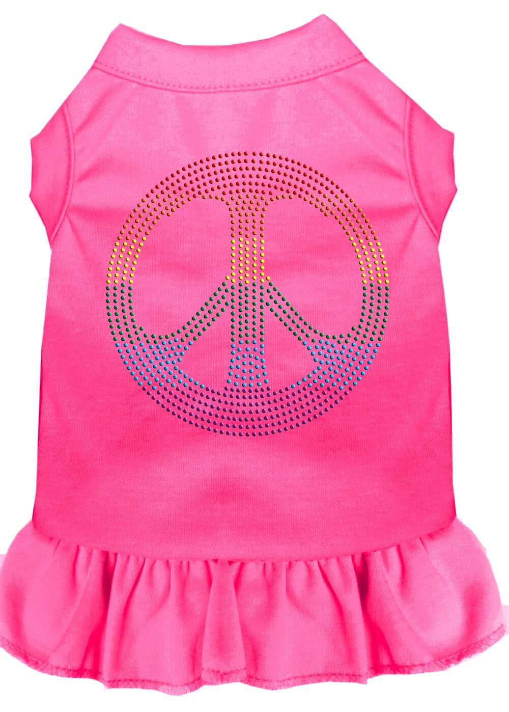 A colorful pet dress featuring rhinestones and a ruffle, designed for dogs and cats, showcasing the 'Rainbow Peace' theme.