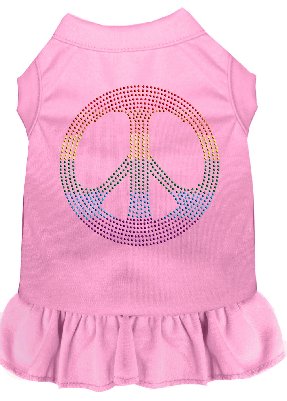 A colorful pet dress featuring rhinestones and a ruffle, designed for dogs and cats, showcasing the 'Rainbow Peace' theme.