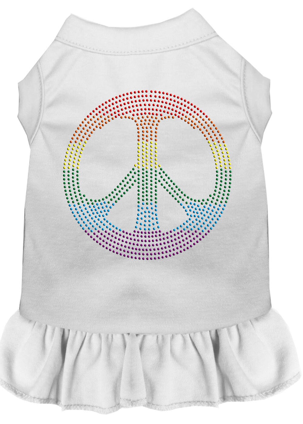 A colorful pet dress featuring rhinestones and a ruffle, designed for dogs and cats, showcasing the 'Rainbow Peace' theme.