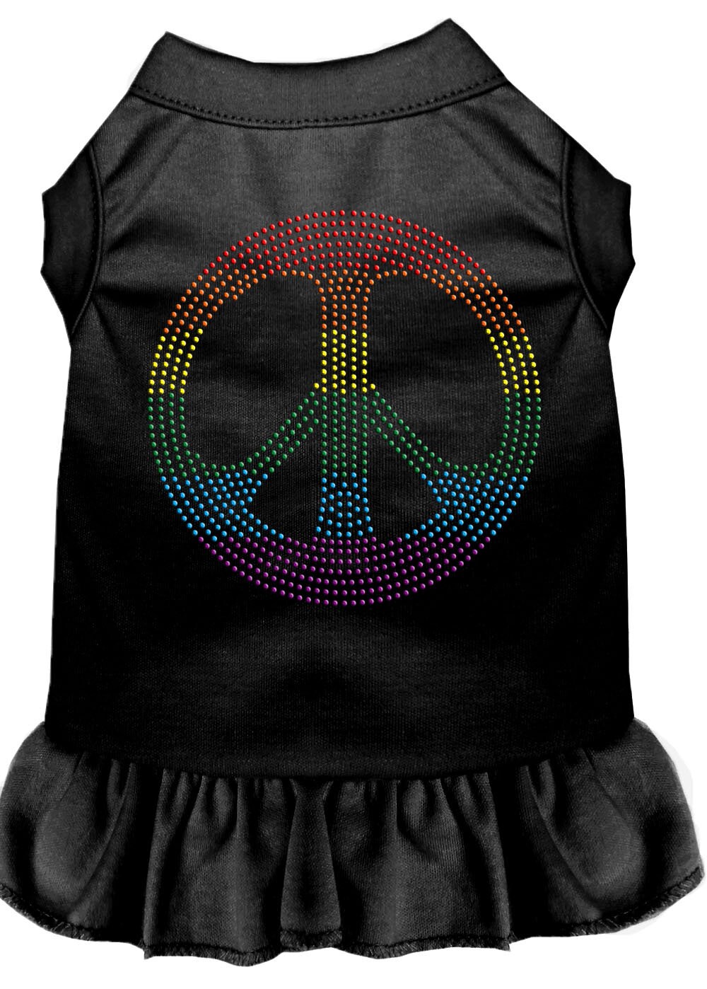 A colorful pet dress featuring rhinestones and a ruffle, designed for dogs and cats, showcasing the 'Rainbow Peace' theme.