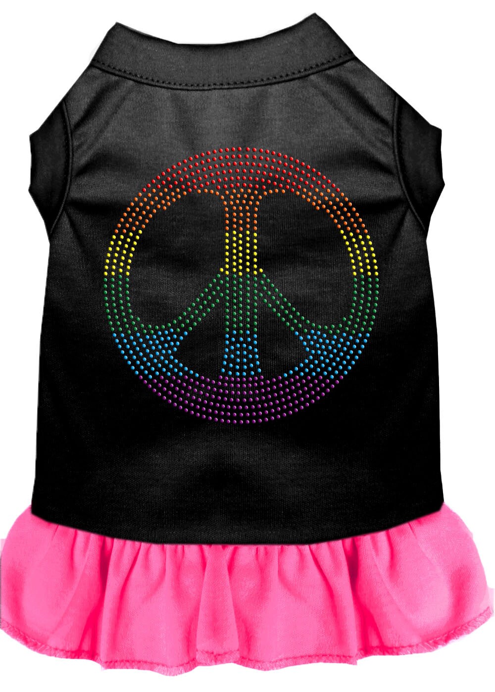 A colorful pet dress featuring rhinestones and a ruffle, designed for dogs and cats, showcasing the 'Rainbow Peace' theme.
