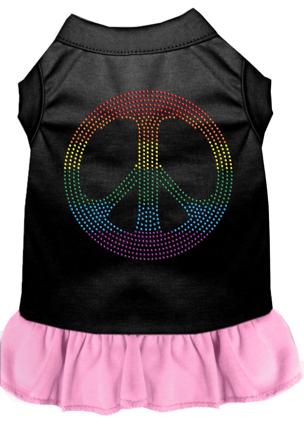 A colorful pet dress featuring rhinestones and a ruffle, designed for dogs and cats, showcasing the 'Rainbow Peace' theme.
