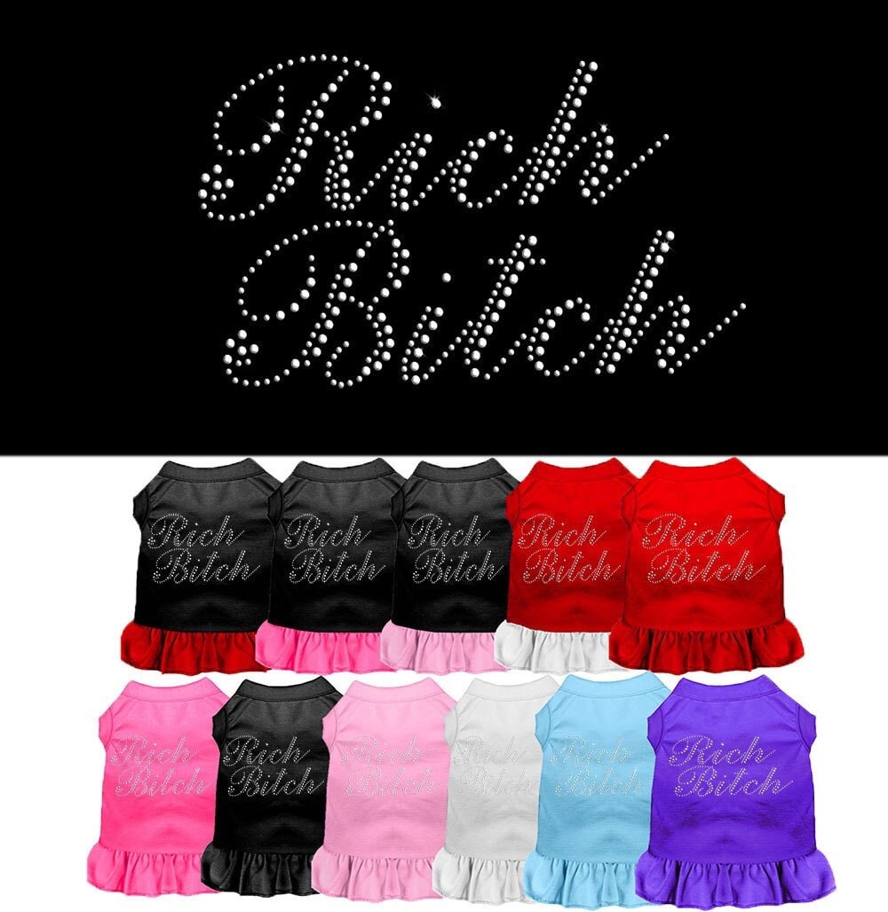 A stylish rhinestone dress for pets, featuring the phrase 'Rich Bitch' with a cute ruffle at the bottom, perfect for dogs and cats.