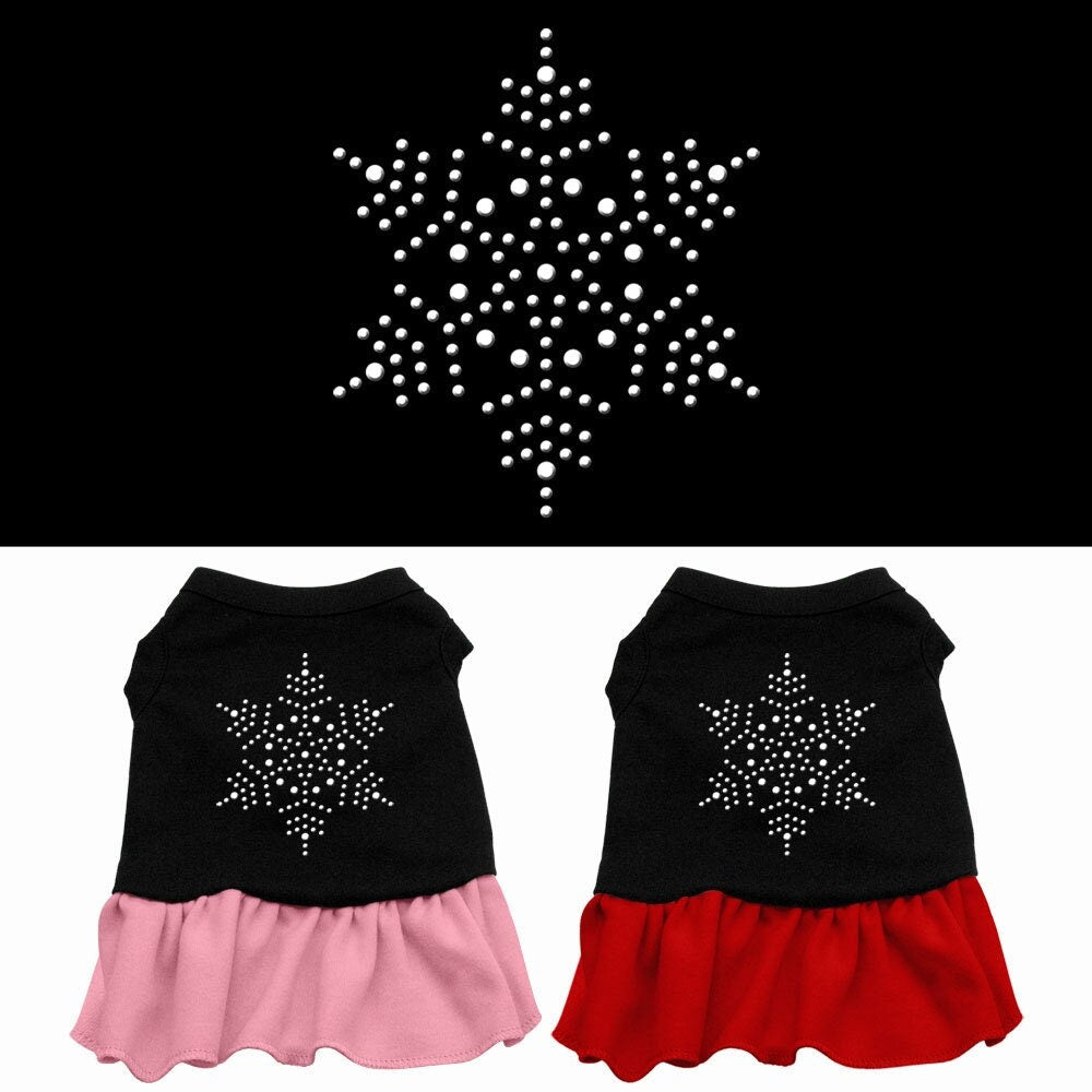 A stylish pet dress featuring a rhinestone snowflake design, perfect for dogs and cats, showcasing its soft fabric and elegant look.