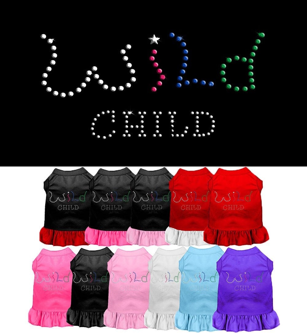 A stylish rhinestone dress for dogs and cats, featuring the text 'Wild Child' and a comfortable fit.
