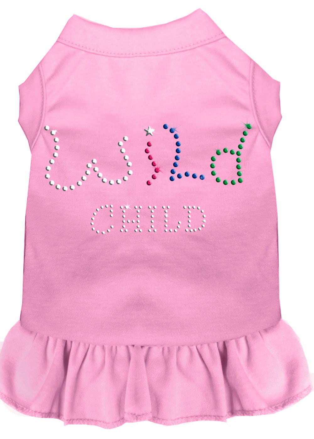 A stylish rhinestone dress for dogs and cats, featuring the text 'Wild Child' and a comfortable fit.
