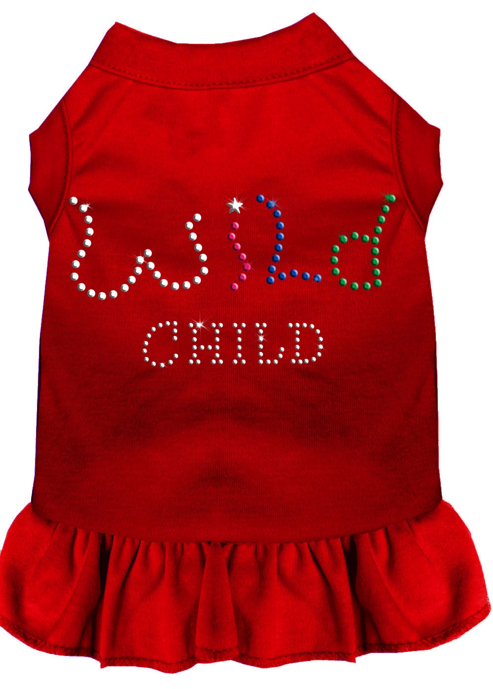 A stylish rhinestone dress for dogs and cats, featuring the text 'Wild Child' and a comfortable fit.
