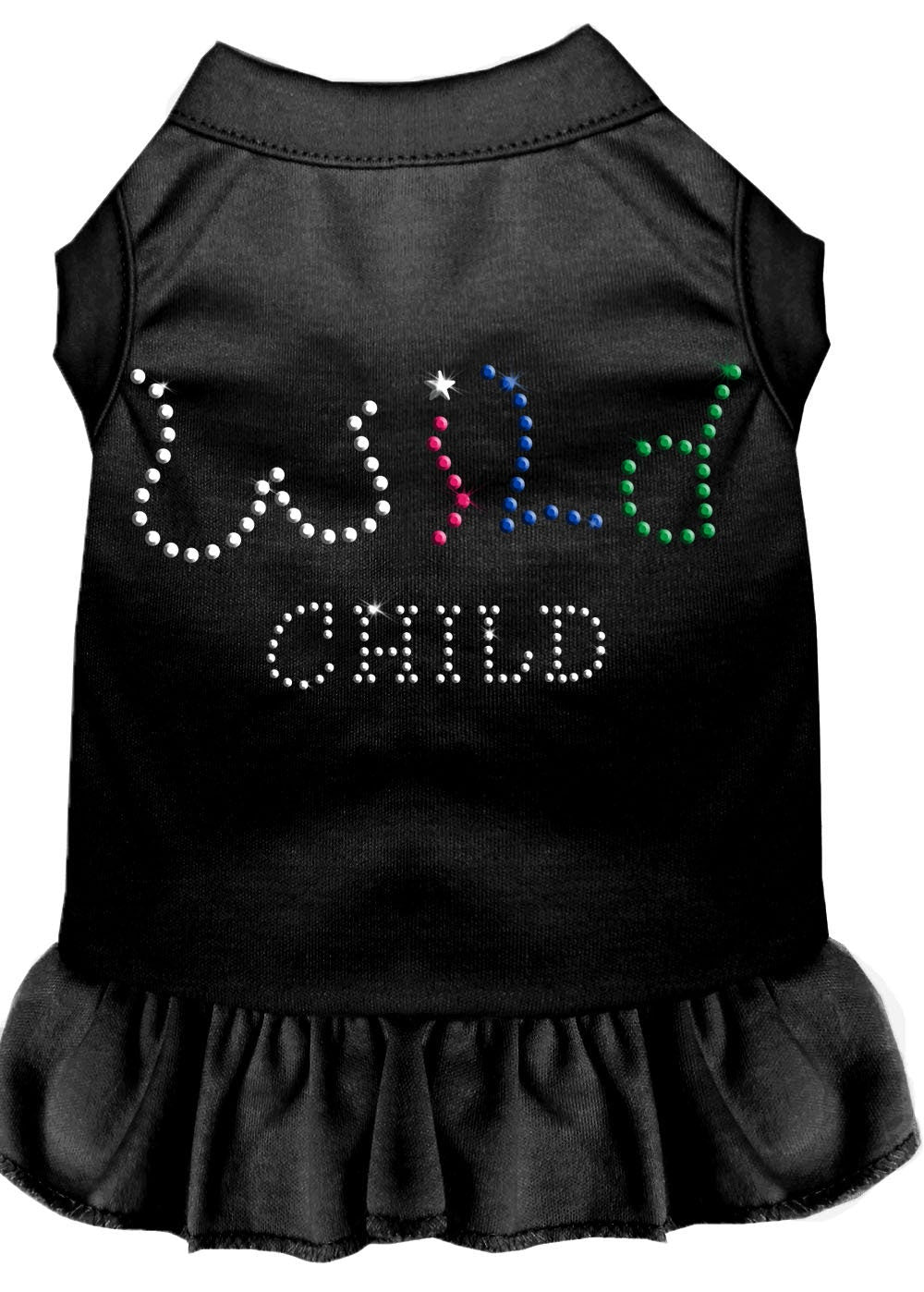 A stylish rhinestone dress for dogs and cats, featuring the text 'Wild Child' and a comfortable fit.
