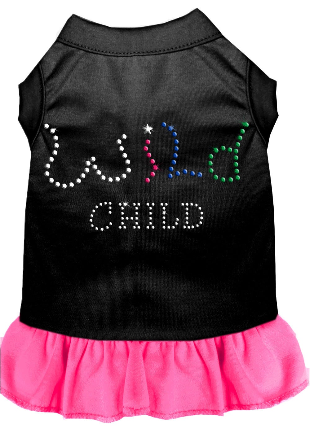 A stylish rhinestone dress for dogs and cats, featuring the text 'Wild Child' and a comfortable fit.