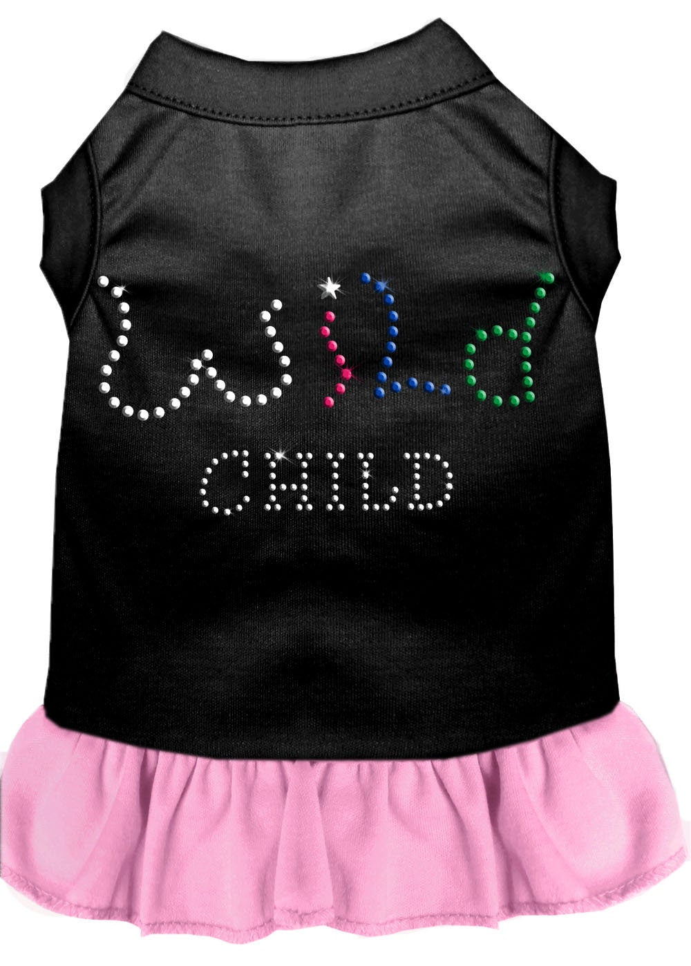A stylish rhinestone dress for dogs and cats, featuring the text 'Wild Child' and a comfortable fit.