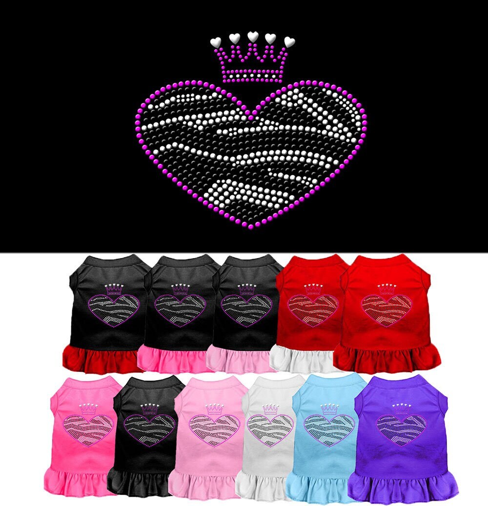 A stylish pet dress featuring a zebra heart design with rhinestones, suitable for dogs and cats.