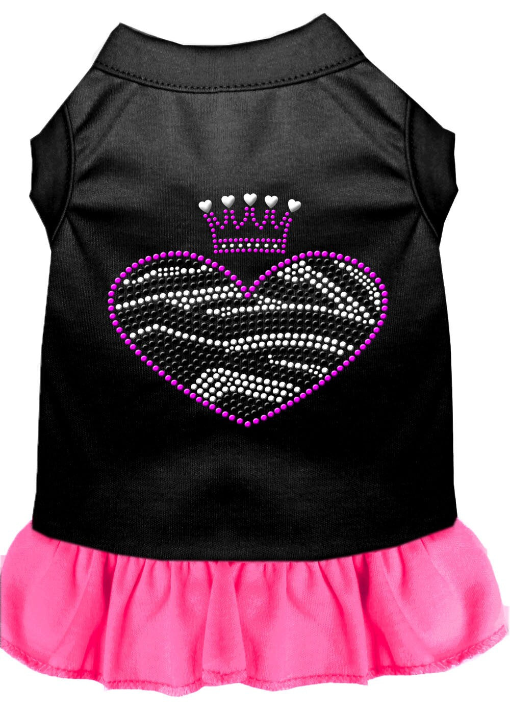 A stylish pet dress featuring a zebra heart design with rhinestones, suitable for dogs and cats.