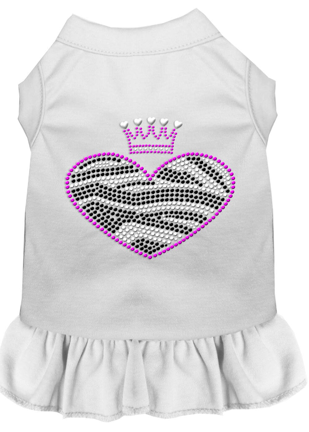 A stylish pet dress featuring a zebra heart design with rhinestones, suitable for dogs and cats.