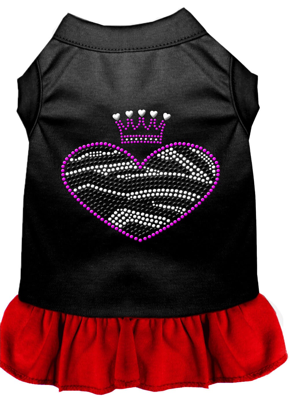 A stylish pet dress featuring a zebra heart design with rhinestones, suitable for dogs and cats.