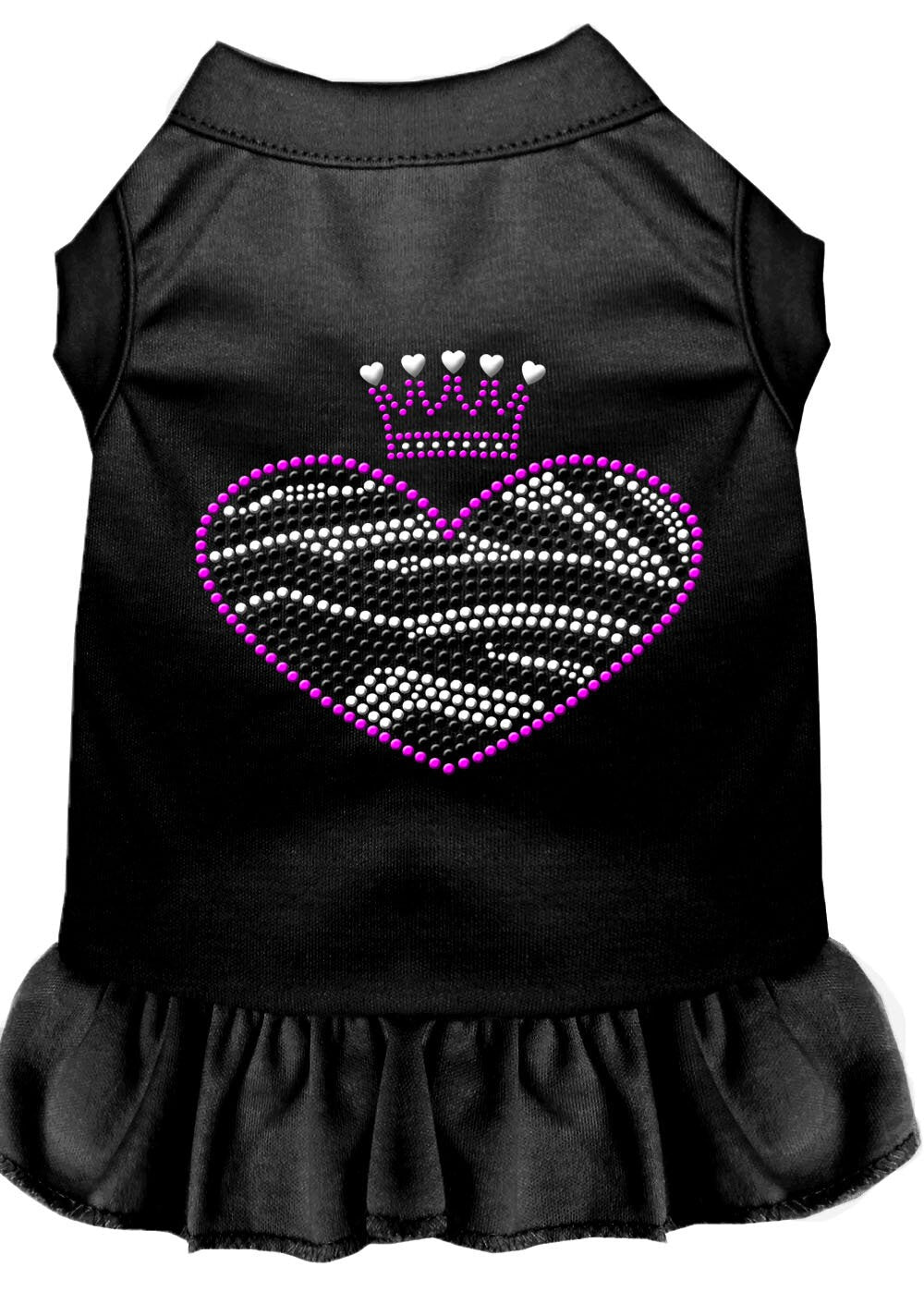 A stylish pet dress featuring a zebra heart design with rhinestones, suitable for dogs and cats.