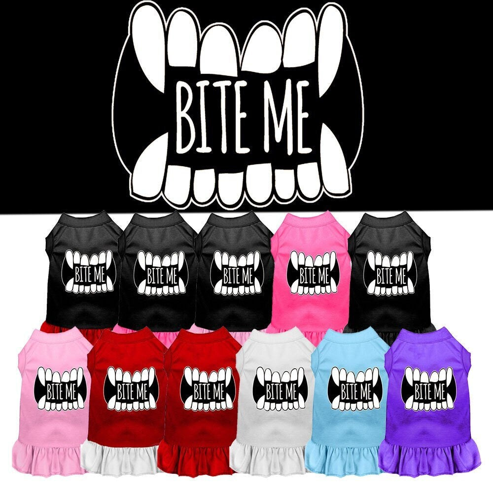 A cute dog and cat dress featuring the phrase 'Bite Me', made from soft cotton and polyester blend, perfect for pets of all sizes.