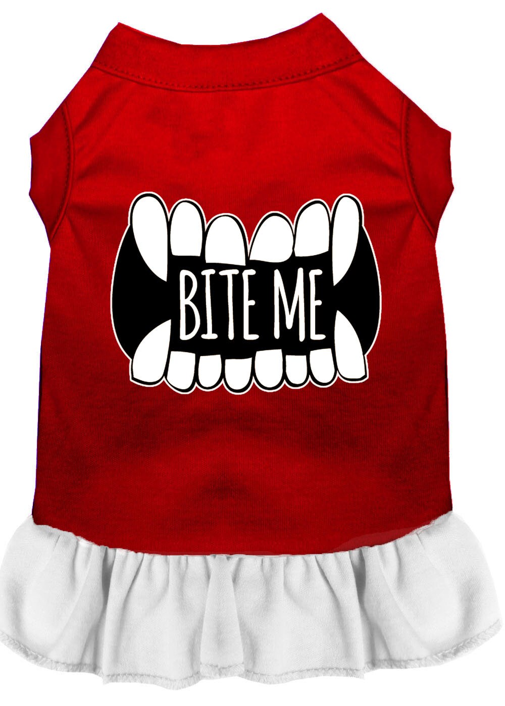 A cute dog and cat dress featuring the phrase 'Bite Me', made from soft cotton and polyester blend, perfect for pets of all sizes.