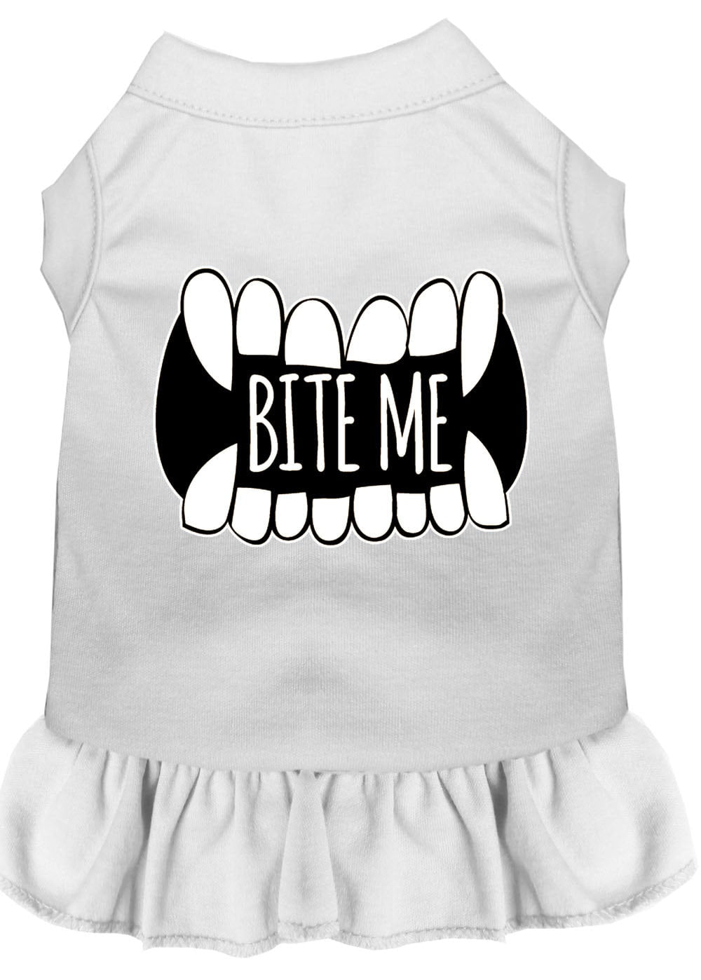 A cute dog and cat dress featuring the phrase 'Bite Me', made from soft cotton and polyester blend, perfect for pets of all sizes.