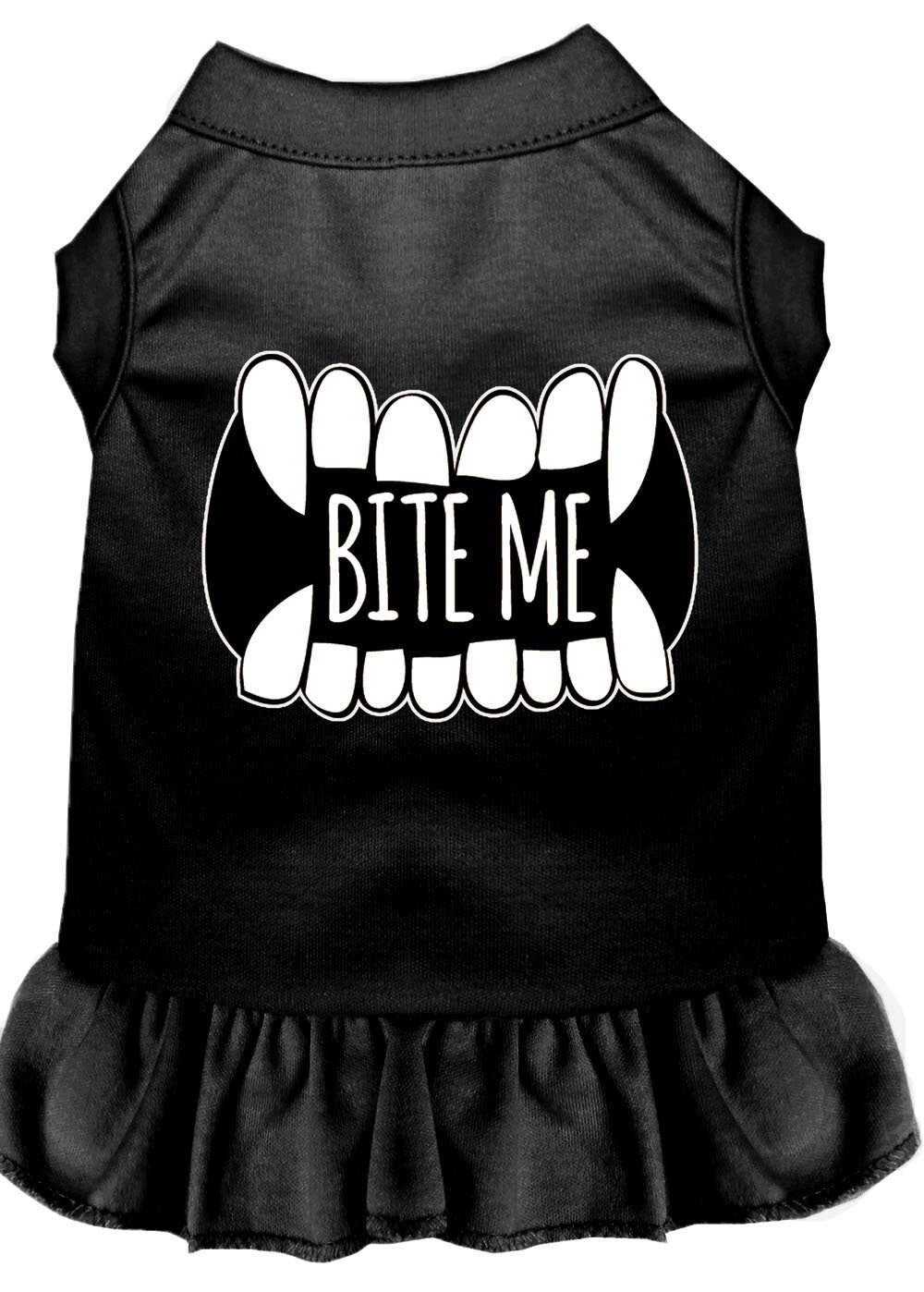 A cute dog and cat dress featuring the phrase 'Bite Me', made from soft cotton and polyester blend, perfect for pets of all sizes.