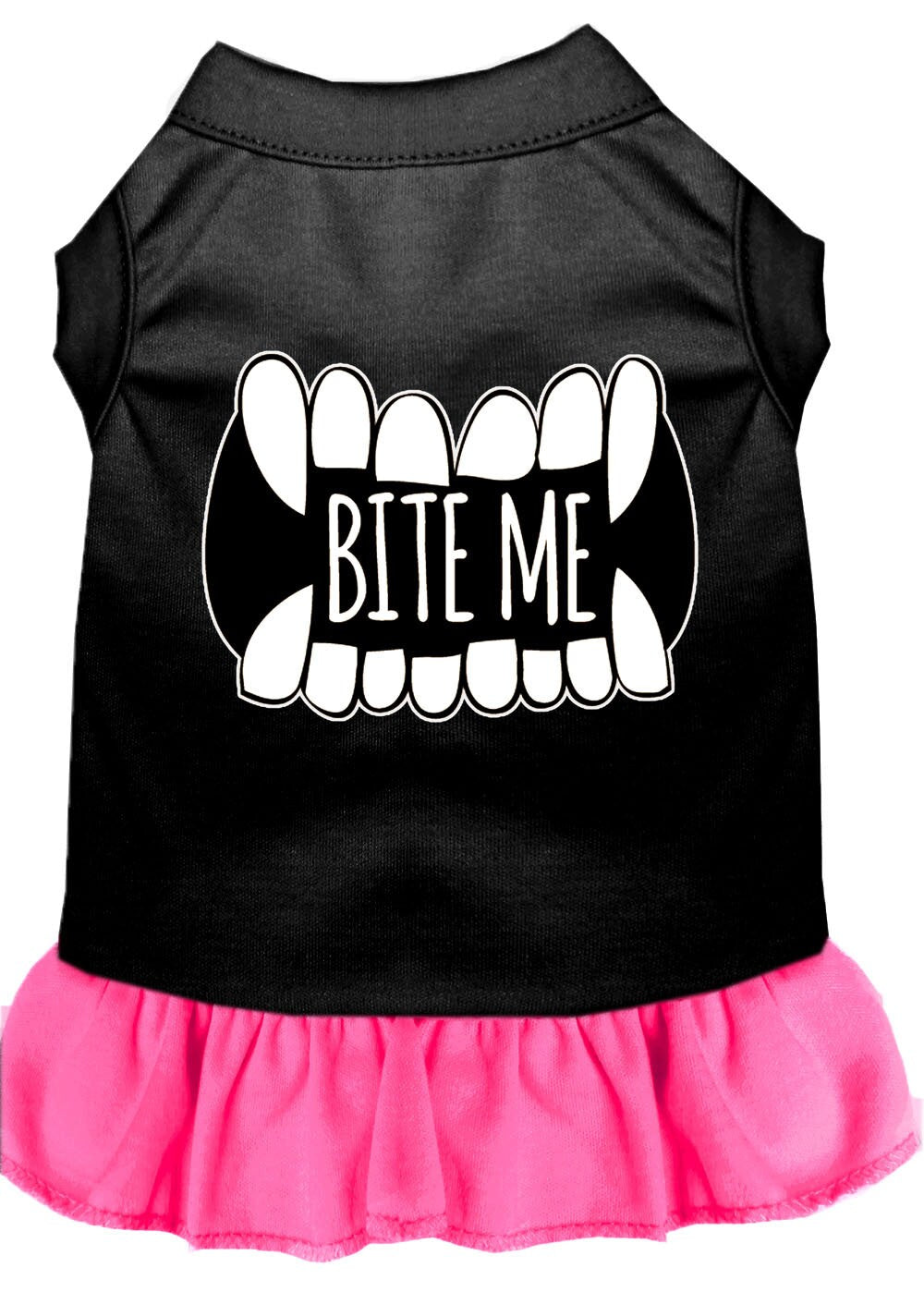 A cute dog and cat dress featuring the phrase 'Bite Me', made from soft cotton and polyester blend, perfect for pets of all sizes.