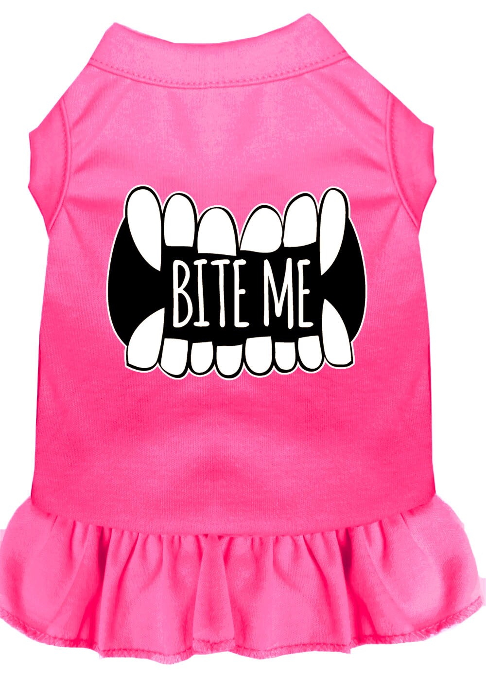 A cute dog and cat dress featuring the phrase 'Bite Me', made from soft cotton and polyester blend, perfect for pets of all sizes.