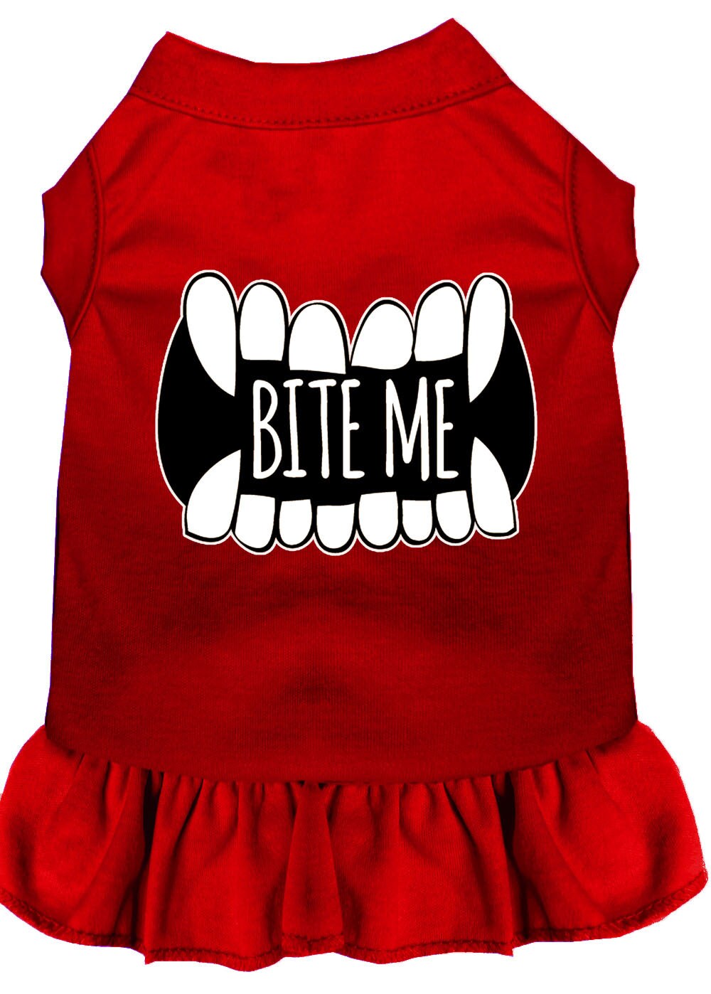 A cute dog and cat dress featuring the phrase 'Bite Me', made from soft cotton and polyester blend, perfect for pets of all sizes.