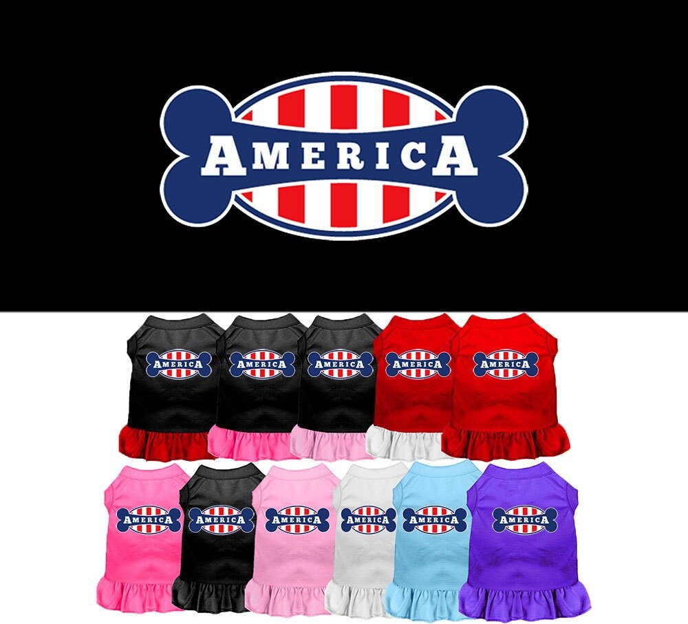 A cute pet dress for dogs and cats, featuring the phrase 'Bonely In America' with a ruffled bottom, made from soft cotton and polyester blend.