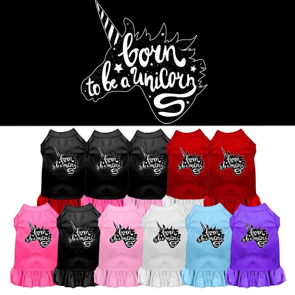A cute pet dress featuring a unicorn print, designed for dogs and cats, showcasing vibrant colors and a comfortable fit.