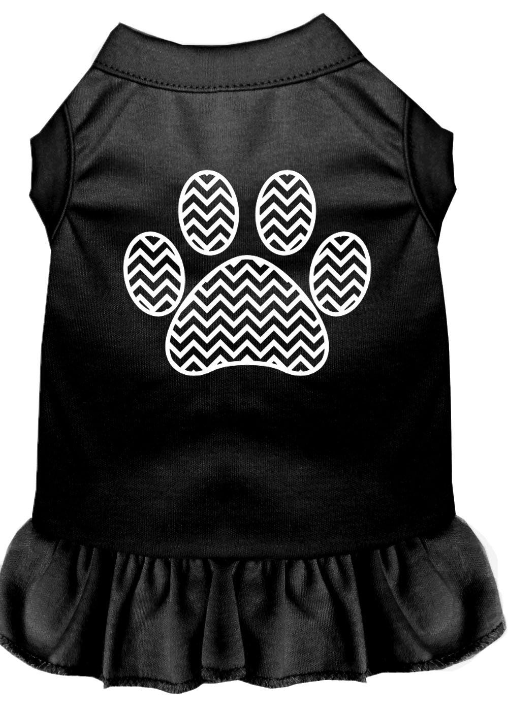 A stylish pet dress featuring a chevron pattern and ruffle detail, suitable for dogs and cats.