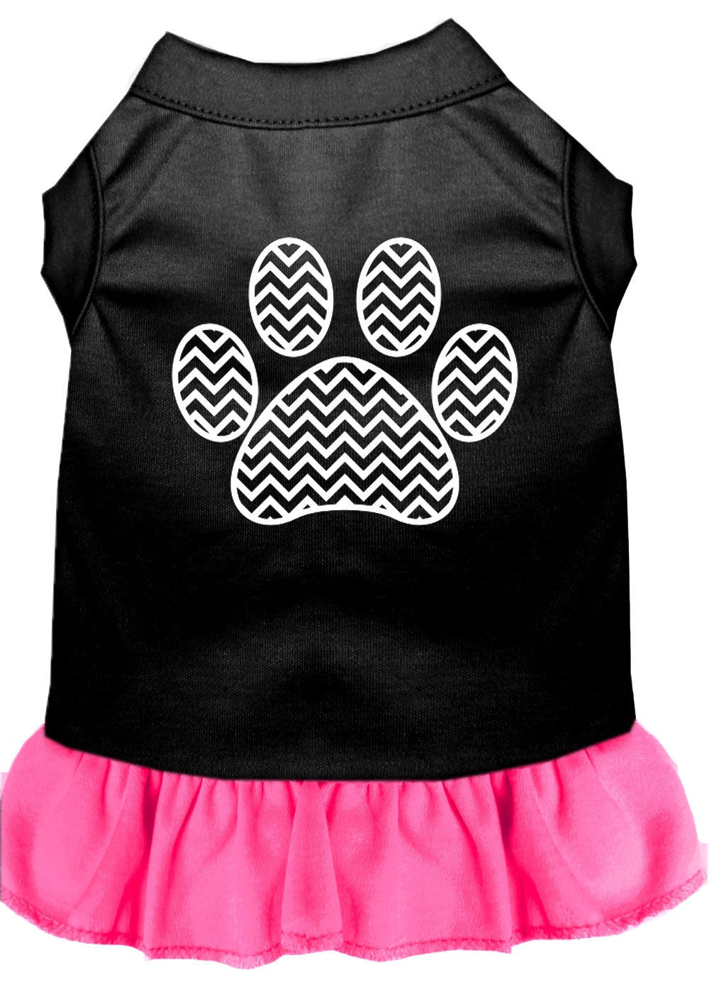 A stylish pet dress featuring a chevron pattern and ruffle detail, suitable for dogs and cats.