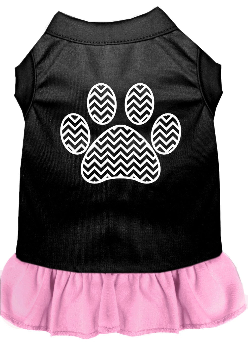 A stylish pet dress featuring a chevron pattern and ruffle detail, suitable for dogs and cats.